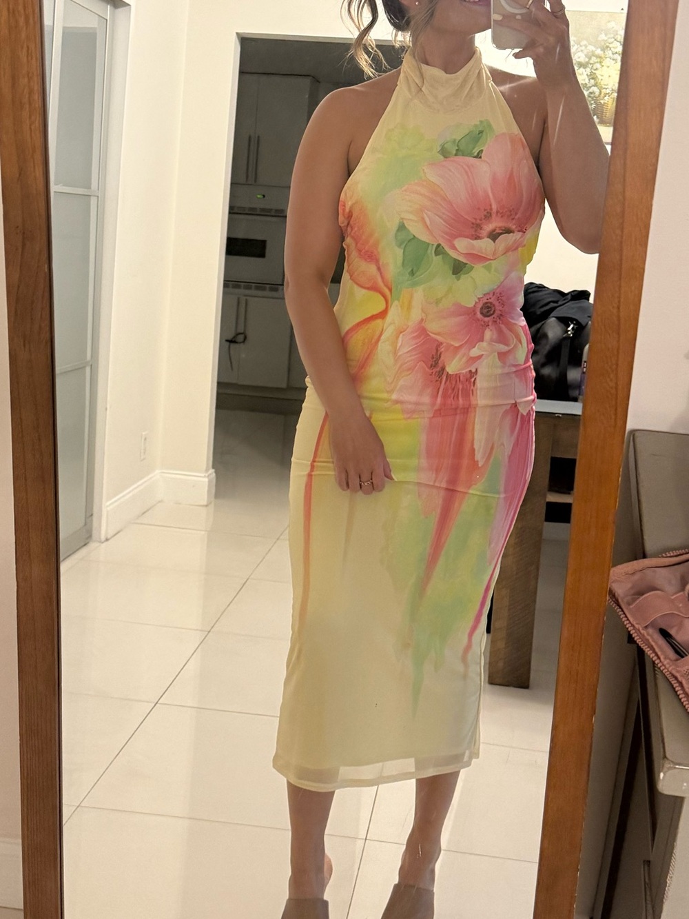 AFRM Yellow Midi backless dress with Pink Floral Watercolor Print